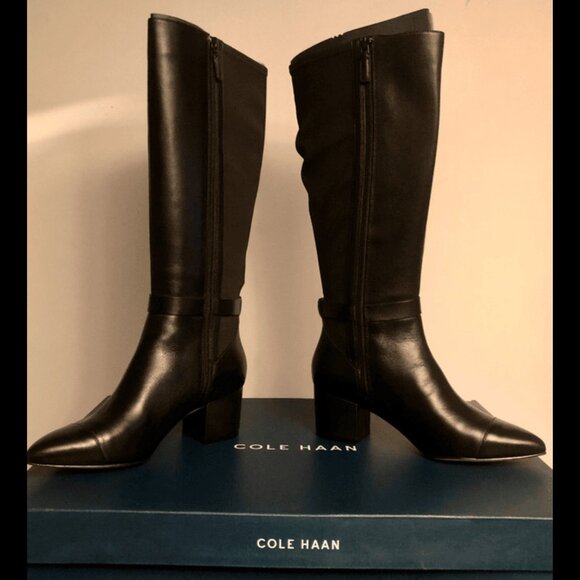 Cole Haan Elena Tall Boots 8B – Black Leather, Block Heel, Pointed Toe, Stretch - Picture 6 of 7